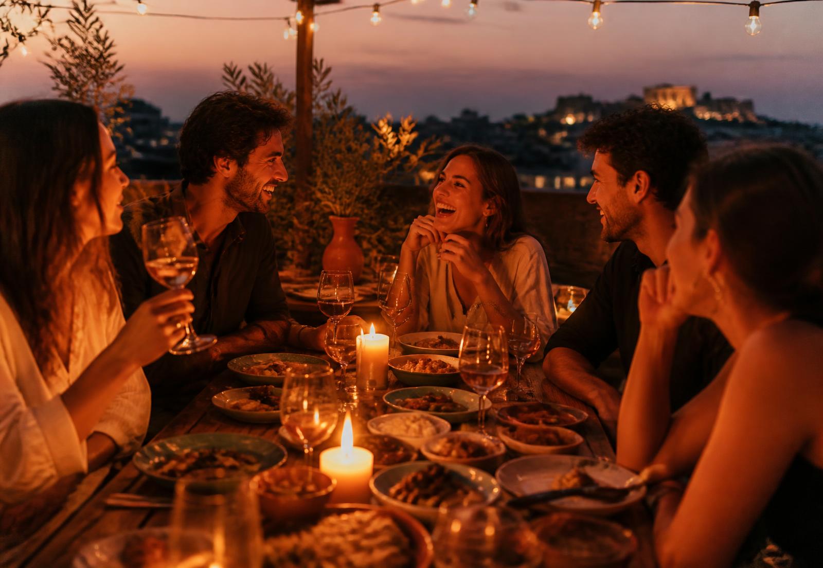 Friends sharing a candlelit dinner on a rooftop terrace